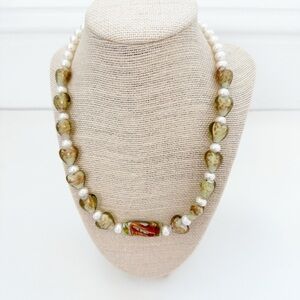 NWT Genuine Murano Glass, Lampwork Glass & Pearls Necklace Hearts Green White